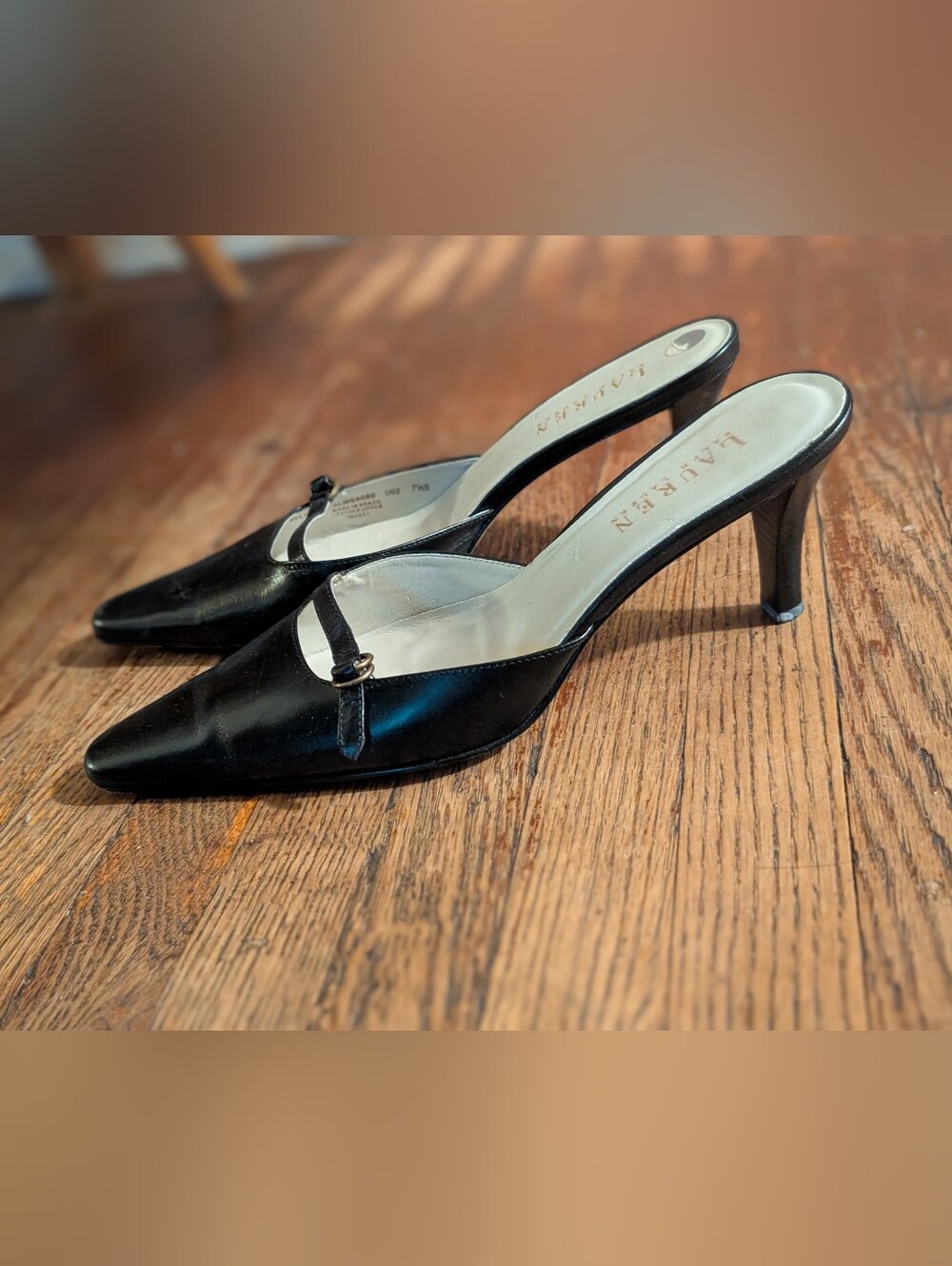 Ralph Lauren Black Leather Kitten Heel Mules | Pointed Toe Vintage Y2K, Sz 7.5